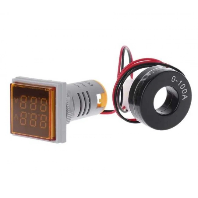 22mm Dijital Voltmetre-Ampermetre AC 20-500V 0-100A Sarı