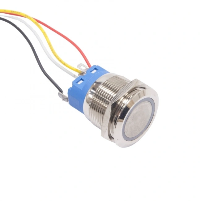 22mm Düz Yaylı Mavi Işıklı Metal Buton - Kablolu