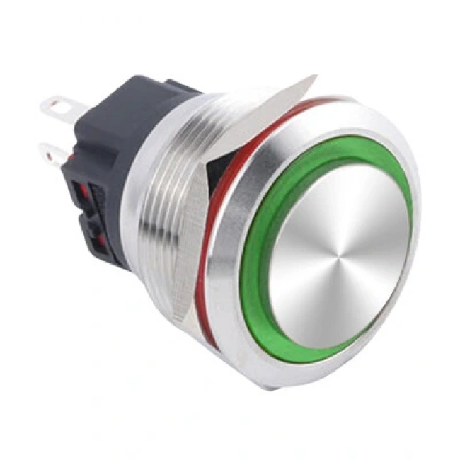 WD25B-G1-E 25mm Çıkık Yaylı Işıklı Metal Buton - Yeşil