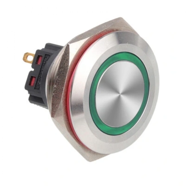 WD28B-P1-E 28mm Düz Yaylı Işıklı Metal Buton - Yeşil