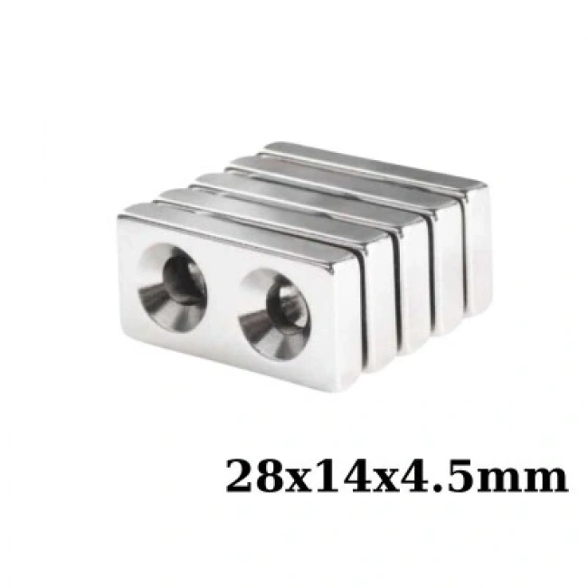 28x14x4.5-5mm Çift Havşa Delikli Neodyum Güçlü Mıknatıs - Neodim Magnet