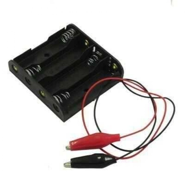 4lü AA Pil Yuvası - Krokodil Kablolu