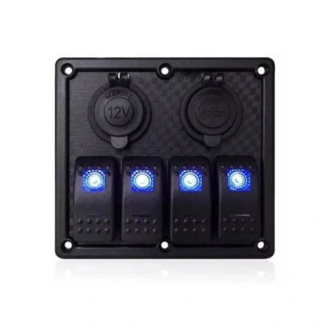 4lü ON-OFF Işıklı Anahtar Switch Panel 2x5V USB ve Çakmaklık Çıkışlı