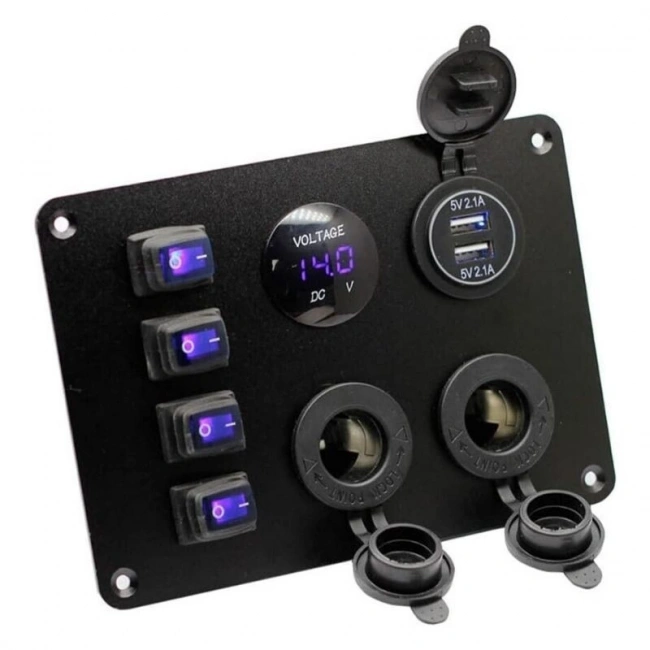 4lü ON-OFF Mavi Su Geçirmez Işıklı Switch Panel 2x5V USB 2xDişi Çakmaklık ve Voltaj Göstergeli