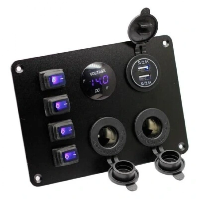 4lü ON-OFF Mavi Su Geçirmez Işıklı Switch Panel 2x5V USB 2xDişi Çakmaklık ve Voltaj Göstergeli