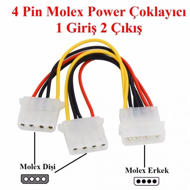 4 Pin Erkek 2 Port Dişi Molex Power Çoklayıcı Güç Kablosu