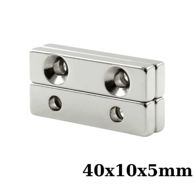 40x10x5-5mm Çift Havşa Delikli Neodyum Güçlü Mıknatıs - Neodim Magnet