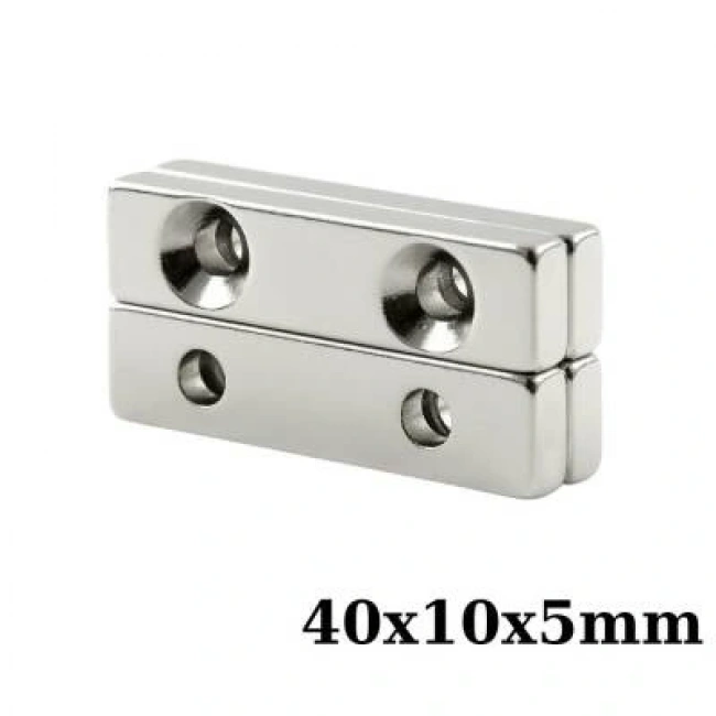 40x10x5-5mm Çift Havşa Delikli Neodyum Güçlü Mıknatıs - Neodim Magnet