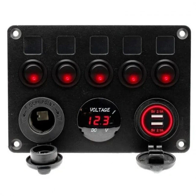 5li ON-OFF Kırmızı Nokta Işıklı Anahtar Switch Panel 2x5V USB Çakmaklık ve Voltaj Göstergeli