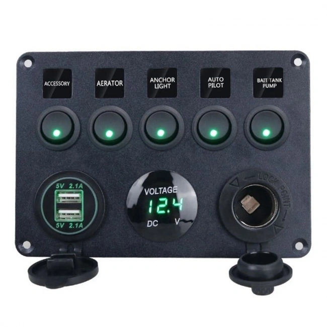 5li ON-OFF Yeşil Nokta Işıklı Anahtar Switch Panel 2x5V USB Çakmaklık ve Voltaj Göstergeli