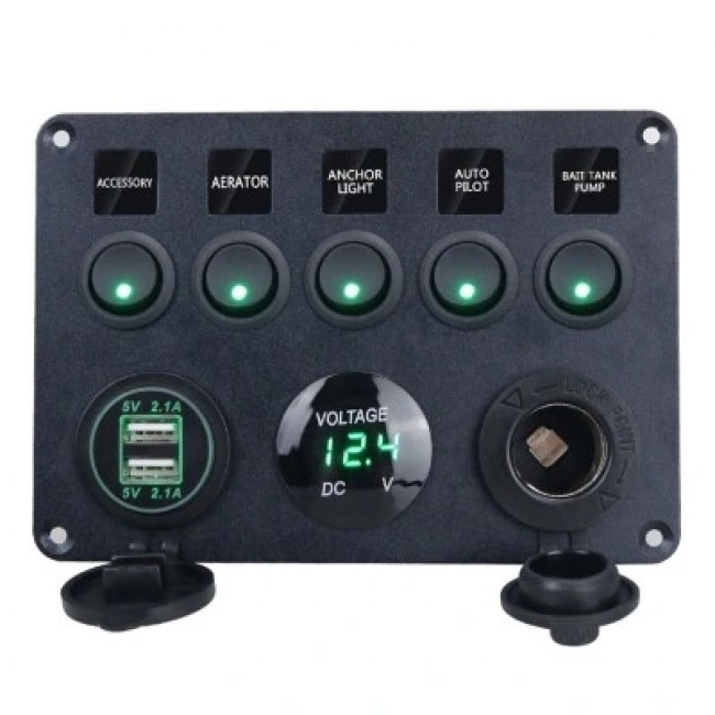 5li ON-OFF Yeşil Nokta Işıklı Anahtar Switch Panel 2x5V USB Çakmaklık ve Voltaj Göstergeli