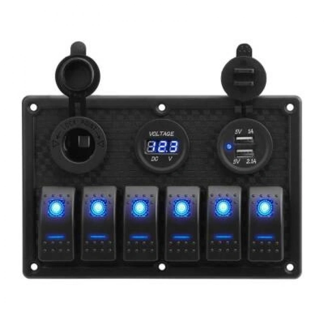 6lı ON-OFF Işıklı Anahtar Switch Panel 2x5V USB Çakmaklık ve Voltaj Göstergeli