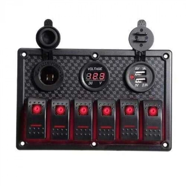 6lı ON-OFF Kırmızı Işıklı Anahtar Switch Panel 2x5V USB Çakmaklık ve Voltaj Göstergeli