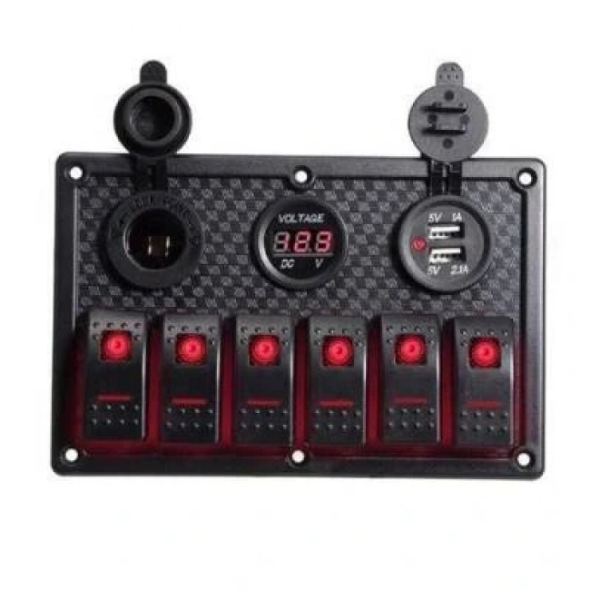 6lı ON-OFF Kırmızı Işıklı Anahtar Switch Panel 2x5V USB Çakmaklık ve Voltaj Göstergeli