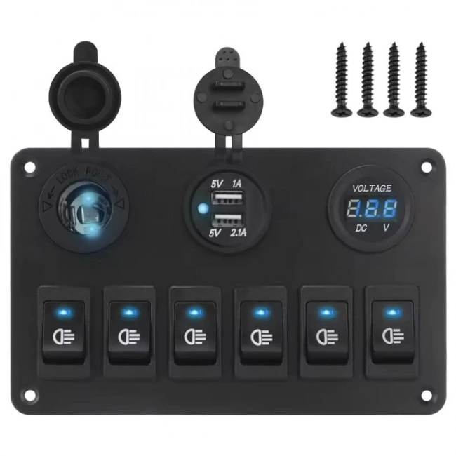 6lı ON-OFF Mavi Işıklı Anahtar Switch Panel 2x5V USB Çakmaklık ve Voltaj Göstergeli
