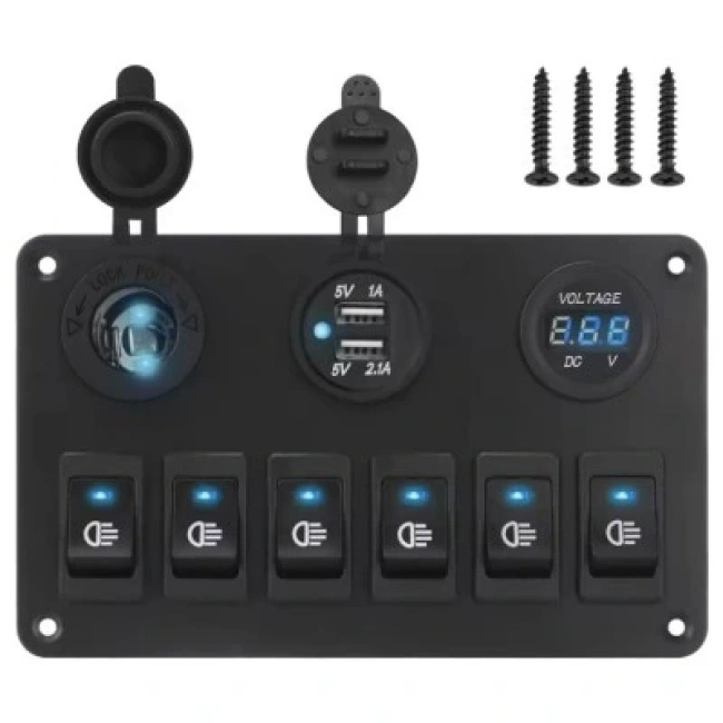 6lı ON-OFF Mavi Işıklı Anahtar Switch Panel 2x5V USB Çakmaklık ve Voltaj Göstergeli