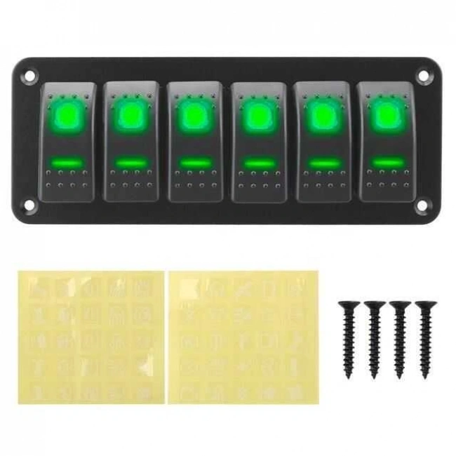 6lı ON-OFF Yeşil Işıklı Anahtar Switch Panel 12V-24V