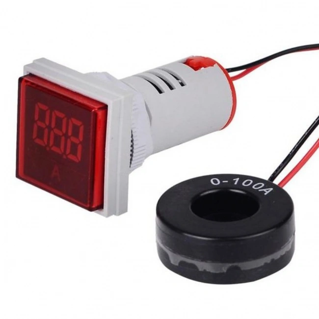 22mm Kırmızı Kare Led Işıklı Ampermetre 0-100A