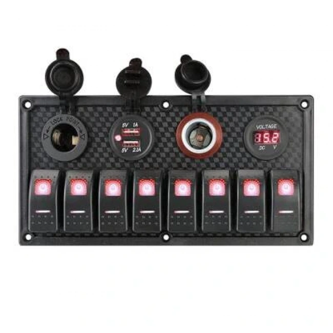 8li ON-OFF Kırmızı Işıklı Anahtar Panel 2x5V USB 2xÇakmaklık ve Voltaj Göstergeli