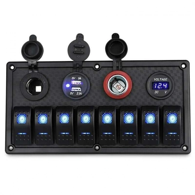 8li ON-OFF Mavi Işıklı Anahtar Panel 2x5V USB 2xÇakmaklık ve Voltaj Göstergeli