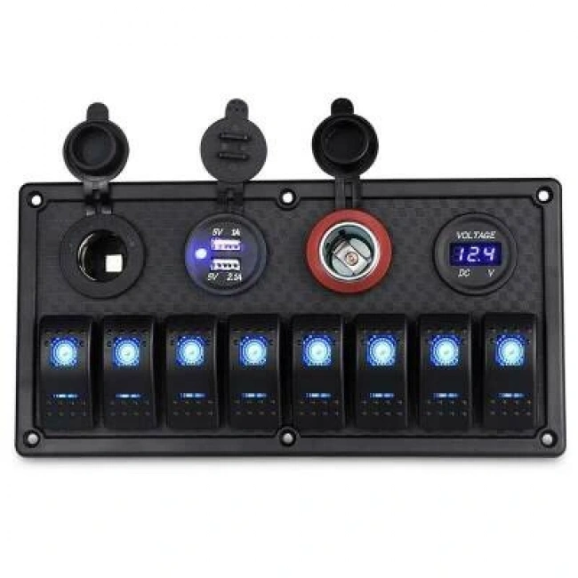 8li ON-OFF Mavi Işıklı Anahtar Panel 2x5V USB 2xÇakmaklık ve Voltaj Göstergeli