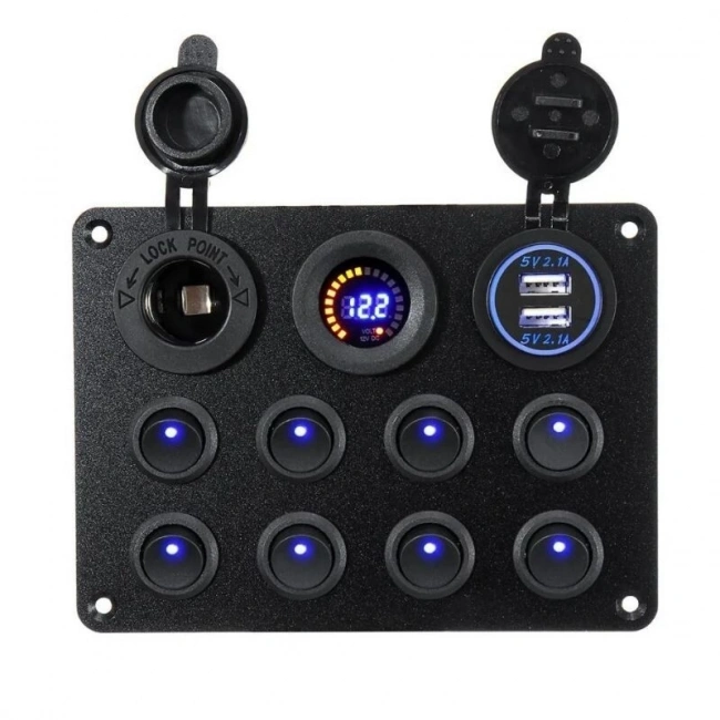 8li ON-OFF Mavi Nokta Işıklı Anahtar Switch Panel 2x5V USB Çakmaklık ve Voltaj Göstergeli