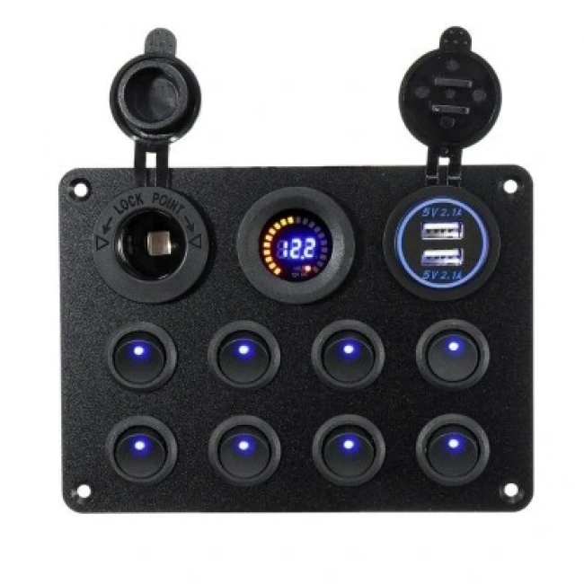 8li ON-OFF Mavi Nokta Işıklı Anahtar Switch Panel 2x5V USB Çakmaklık ve Voltaj Göstergeli
