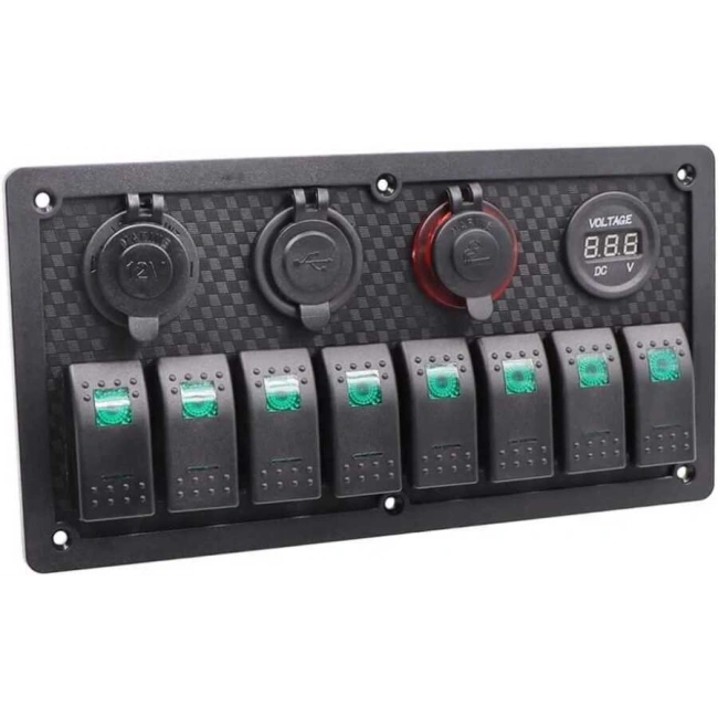 8li ON-OFF Yeşil Işıklı Anahtar Panel 2x5V USB 2xÇakmaklık ve Voltaj Göstergeli