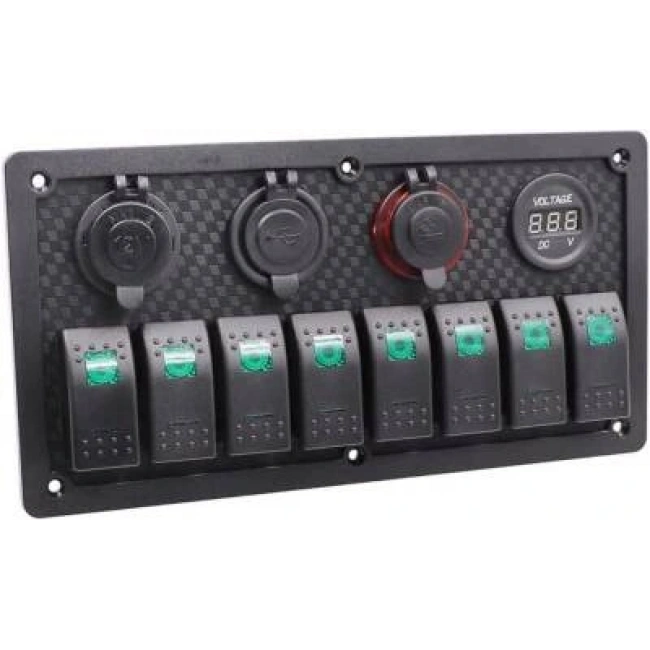 8li ON-OFF Yeşil Işıklı Anahtar Panel 2x5V USB 2xÇakmaklık ve Voltaj Göstergeli