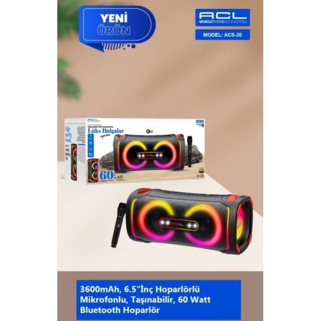 ACS-20 60W Gücünde 2x6.5 İnç Hoparlörlü Mikrofonlu Taşınabilir Parti Hoparlörü