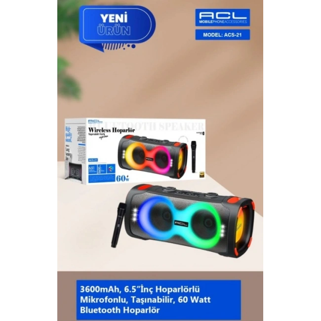 ACS-21 60W Gücünde 2x6.5 İnç Hoparlörlü Mikrofonlu Taşınabilir Parti Hoparlörü