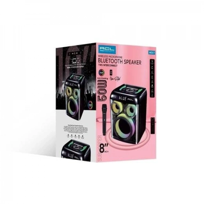ACS-7 50W Gücünde 8inch Hoparlörlü Mikrofonlu RGB Işıklı Bluetooth Hoparlör