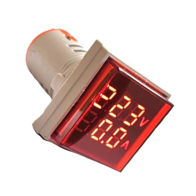 AD22-22VAS 22mm Dijital Volt-Ampermetre Kare Kırmızı