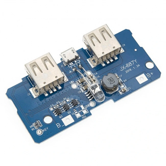 Çift USB Çıkışlı Power Bank Kartı - Pil Seviye Göstergeli (2.1A ve 1A Çıkışlı)