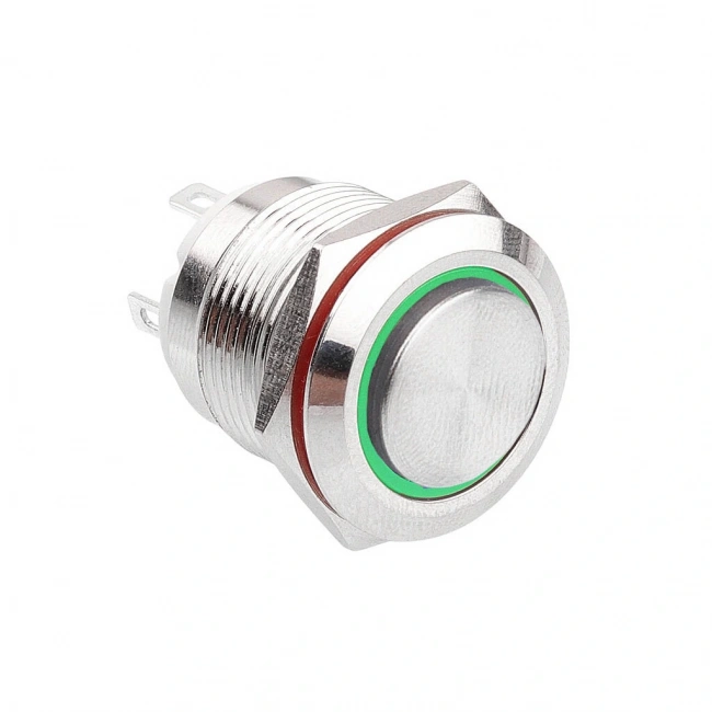 D35 16mm Metal Yeşil Halka Ledli Yaylı Buton 12V