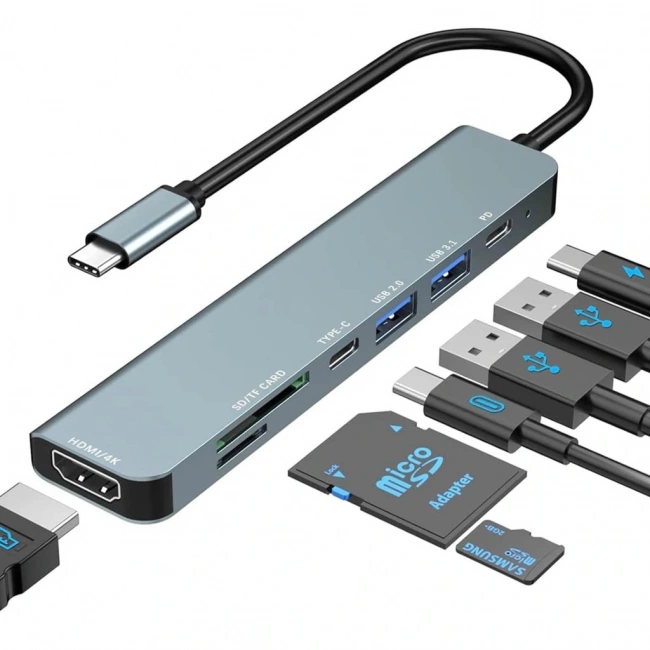 Divex 7 in 1 Type-C Girişli 7 Farklı Çıkışlı USB Çoklayıcı Splitter DX-06