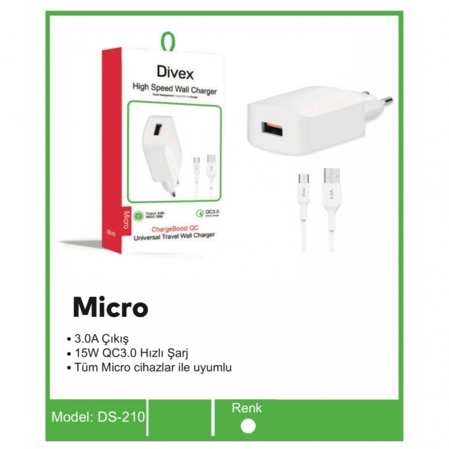 Divex QC3.0 Micro USB 3.0A 15W Hızlı Şarj Aleti DS-210