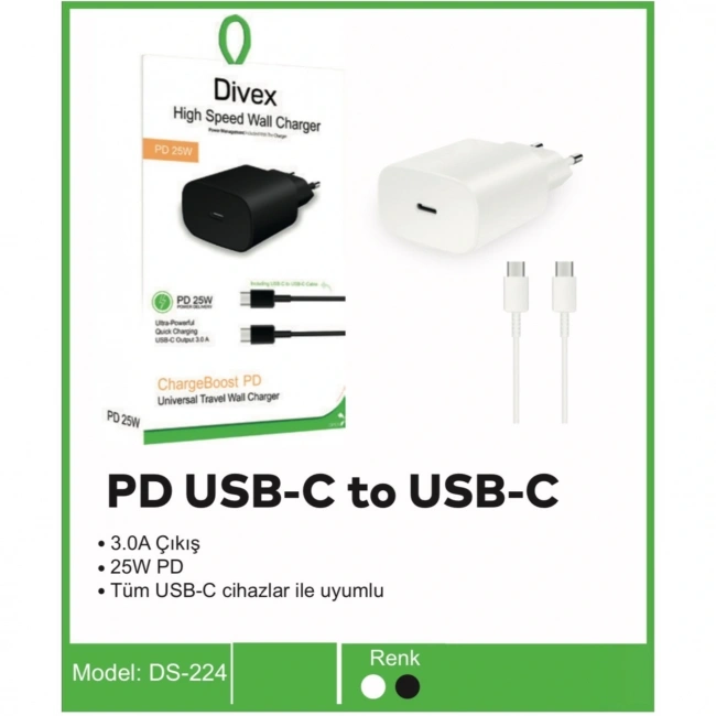 Divex Type-C to Type-C PD ( USB-C ) Çıkış 3.0A 25W Şarj Aleti DS-224