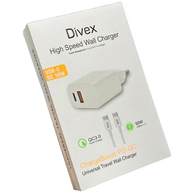 Divex USB Type-C 50W İki Çıkışlı 60W Kablo Hızlı Şarj Adaptörü DS-228