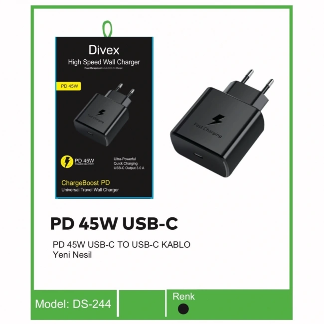 Divex PD 45W Type-C ( USB-C ) Yeni Nesil Şarj Adaptörü DS-244