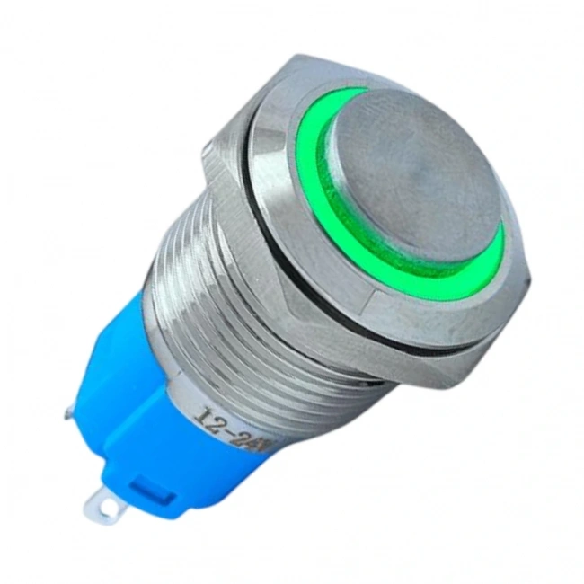 E20 16mm Metal Buton Kalıcılı 12-24V Yeşil Led 1No/1NC 
