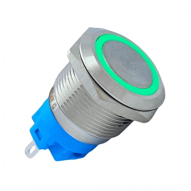 E58 19mm Metal Buton Yaylı 12-24V Yeşil LED 1NO/1NC