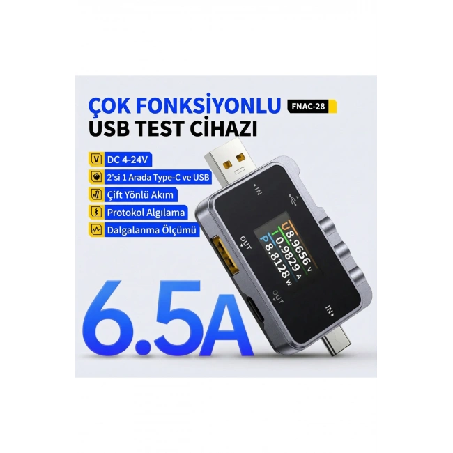 FNRSI FNAC-28 2si 1 Arada Tip-C USB Test Cihazı Dijital Voltmetre Ampermetre
