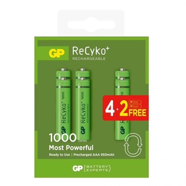 GP ReCyko 1000 mAh AAA Şarj Edilebilir İnce Kalem Pil 4+2 Paket