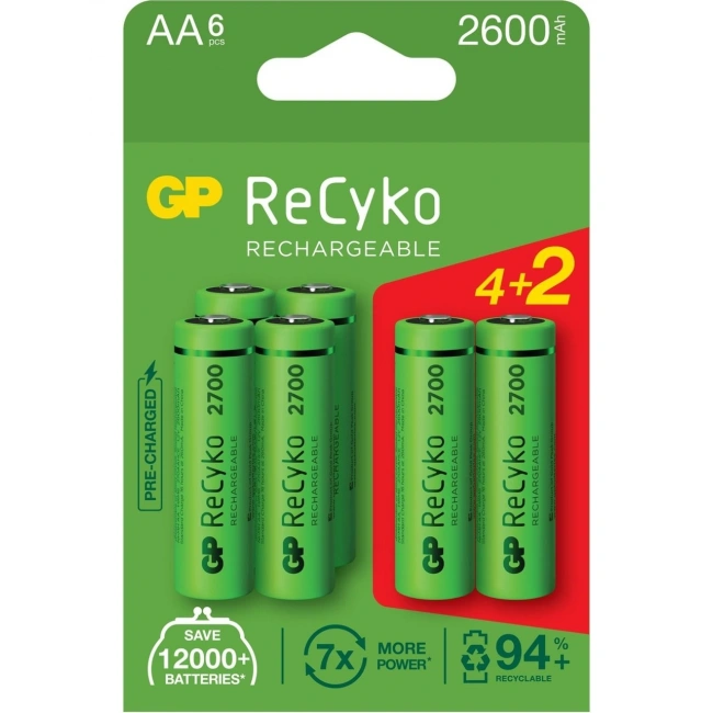 GP Recyko 2700 Seri 2600 mAh Şarjlı AA Kalem Pil 4+2