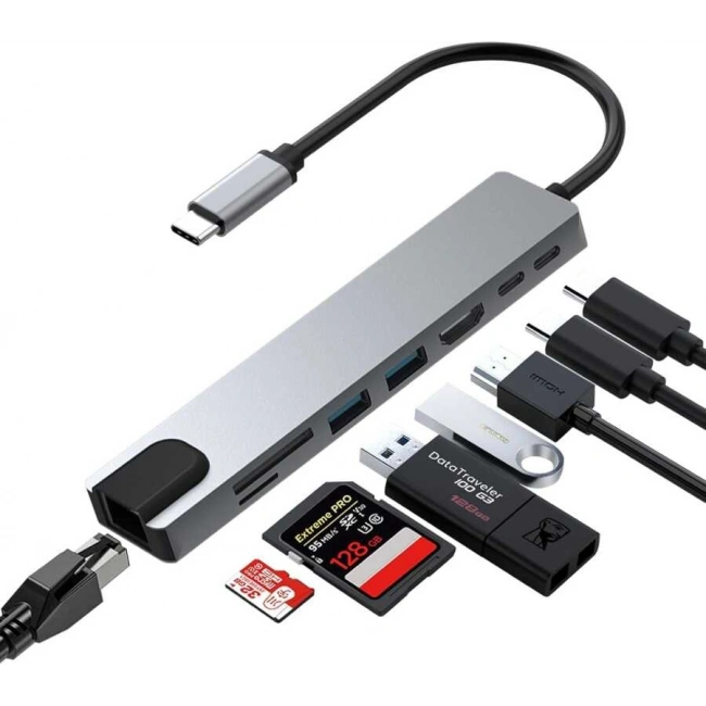 MacBook Pro Air Uyumlu Yüksek Hızlı 8 In 1 Hub (USB/HDMI/TF SD/SD/PD/ETHERNET) Dönüştürücü Çevirici Çoklayıcı