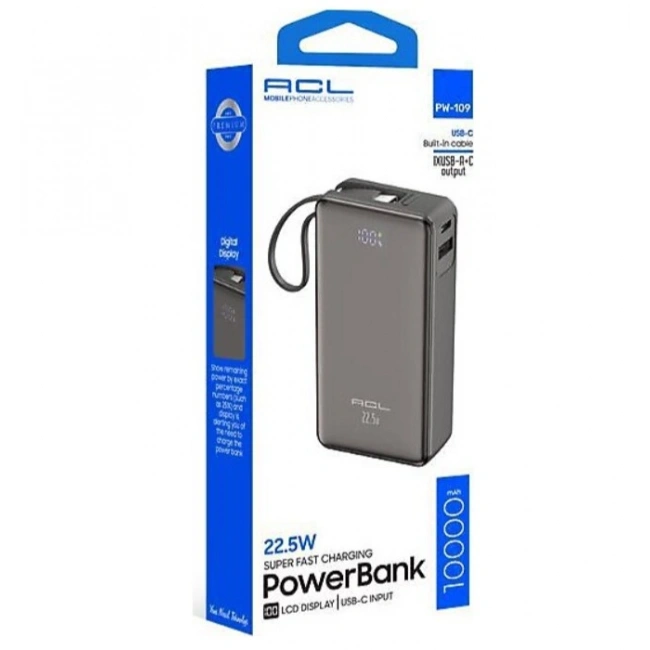 PW-109 22.5W Hızlı Şarjlı 10.000mAh Dahili USB-C Kablolu Powerbank