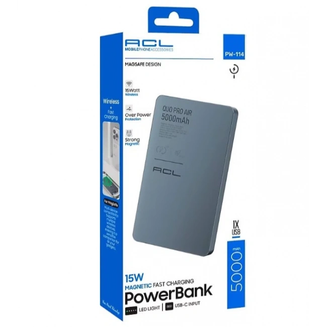 PW-114 15W Hızlı Şarjlı LED Göstergeli USB-C Girişli Powerbank 5000mAh