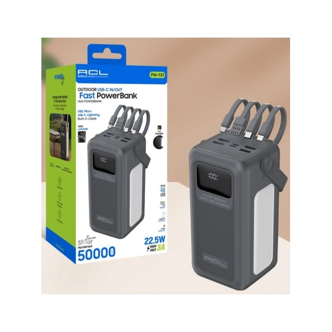 PW-131 Led Fenerli Dahili Kablolu 22.5W Hızlı Şarjlı Powerbank 50.000mAh