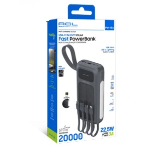PW-134 Solar Panelli Dahili Kablolu 22.5W Hızlı Şarjlı Powerbank 20.000mAh